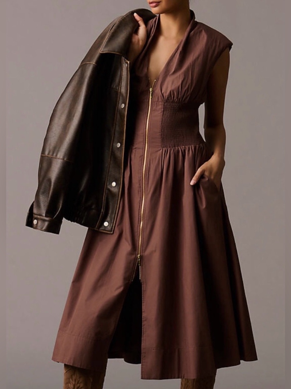 Anthropologie Chocolate Brown Zip-Front Midi Dress